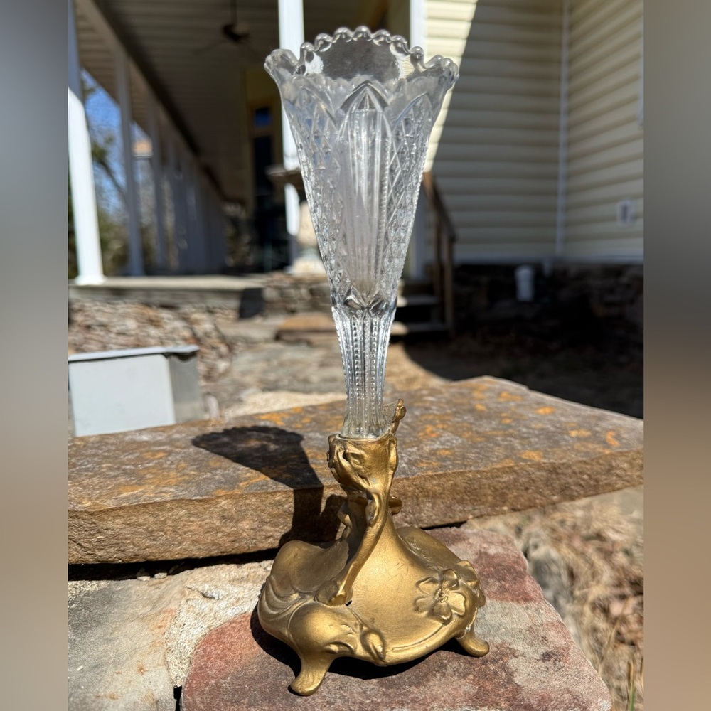 Vintage Art Nouveau Style Glass Trumpet Vase Metal Figural Base